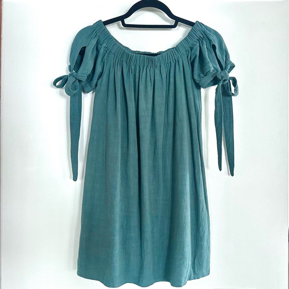 Lulus Al Fresco Evenings Off Shoulder Mini Dress Size S Green Tie Sleeve